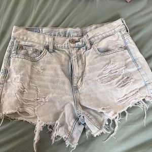 Hi-rise distressed midi jean shorts